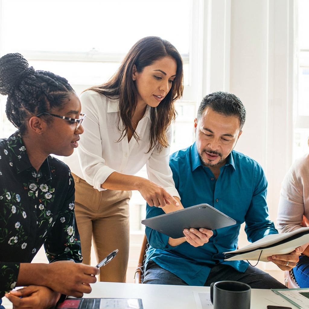 A diverse group of people reviews their community partnership during a meeting.