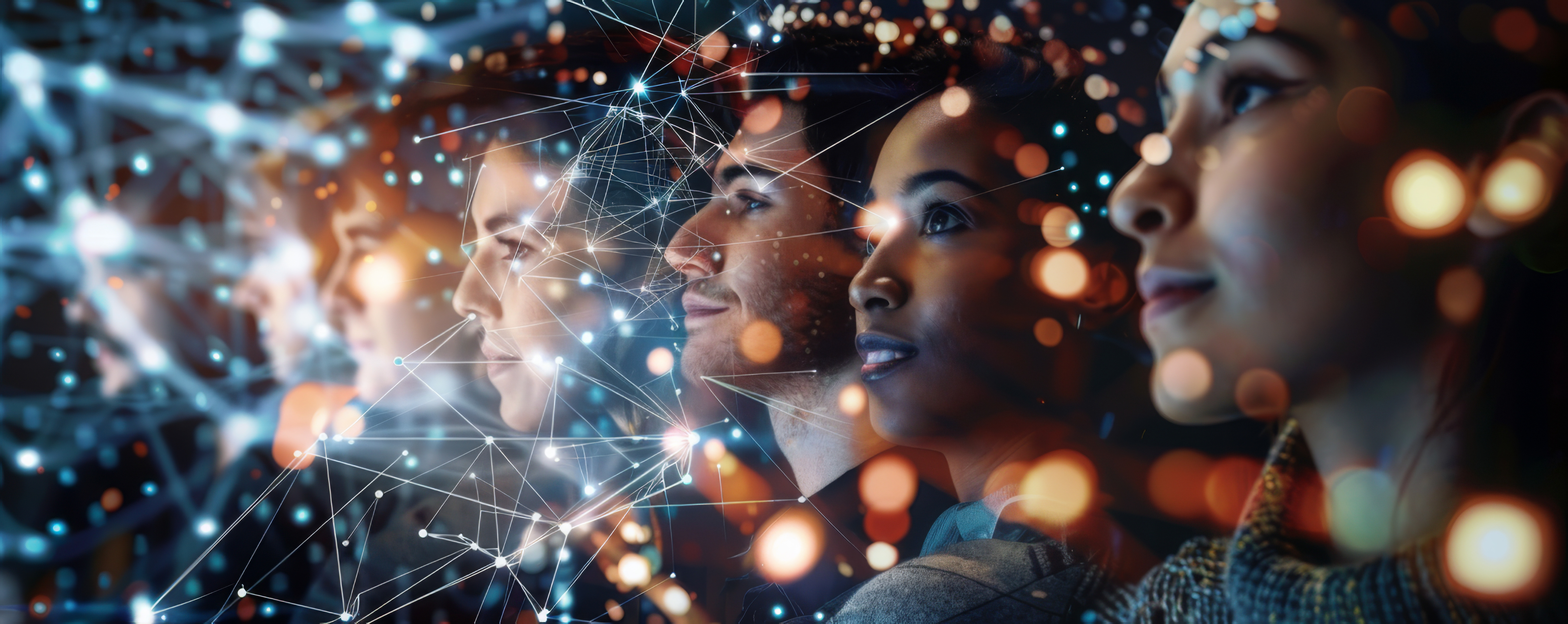 Profiles of diverse group of people overlaid with glowing AI network connections.