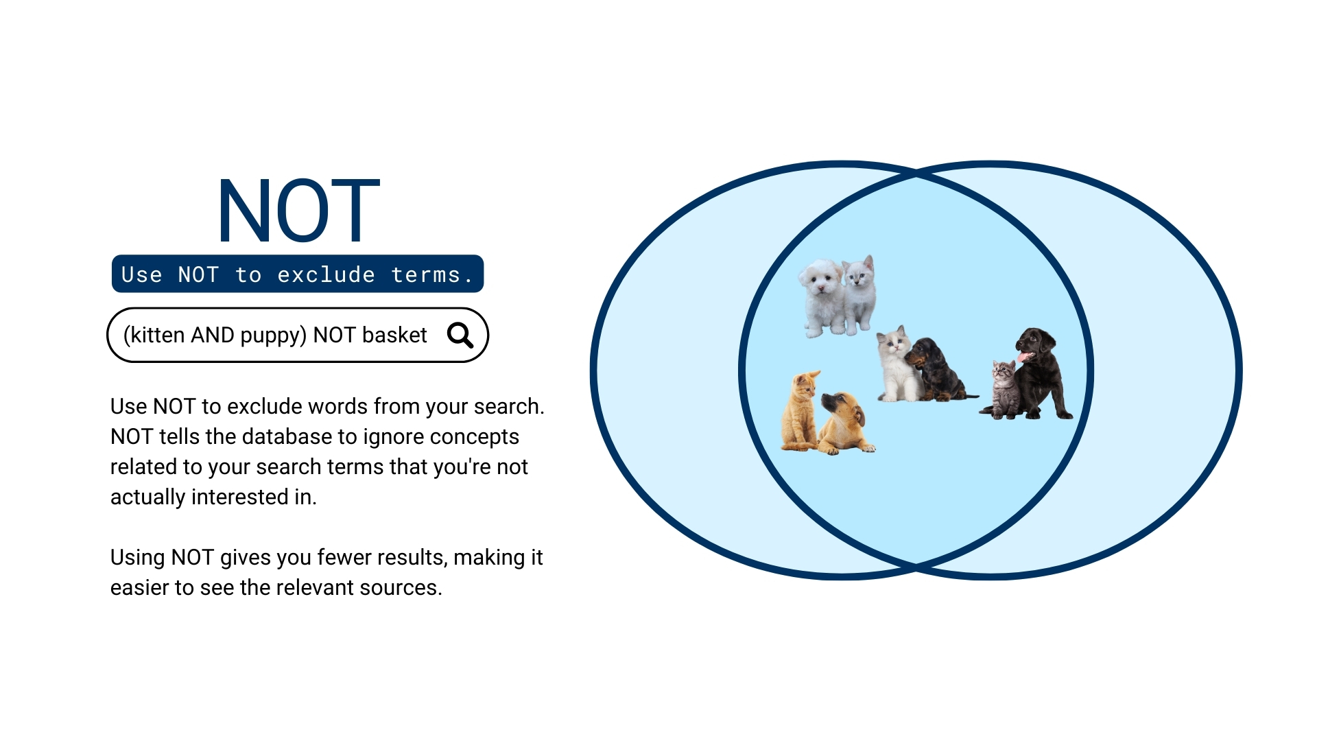 Using NOT gives you fewer results, making it easier to see the relevant sources